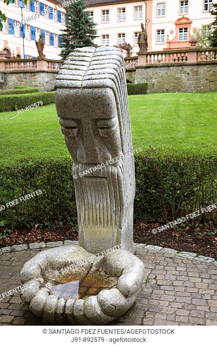 Fountain 'Jesus in tears on the Mount of Olives' (1982) by Franz Gutmann in front of St. Trudpert's Abbey, Münstertal, Black Forest, Baden-Württemberg, Germany