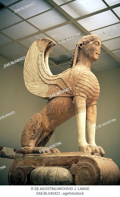 Naxian Sphinx, 560 BC, marble from Naxos, Greece. Greek civilisation, 6th century BC.  Delphi, Museum (Archaeological Museum)