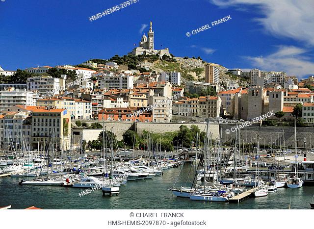 France, Bouches du Rhone, Marseille, vieux port of Marseille and the basilica Notre Dame de la Garde