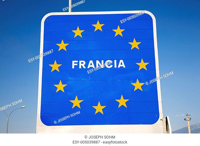 Welcome Sign at border of Spain and France welcoming you to France, a member of the European Union