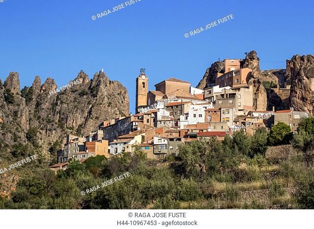 Albacete, Ayna, Castile, Province, Region, Spain, Europe, architecture, belfry, church, gorge, la Mancha, landscape, panorama, tourism, travel