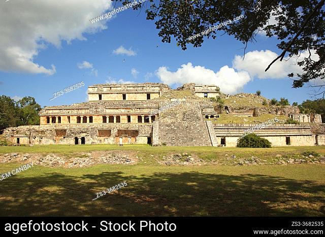 View to The Great Palace-Palacio Norte at the Prehispanic Mayan Archaeological Site Sayil in the Puuc Route, Merida, Yucatan State, Mexico, Central America