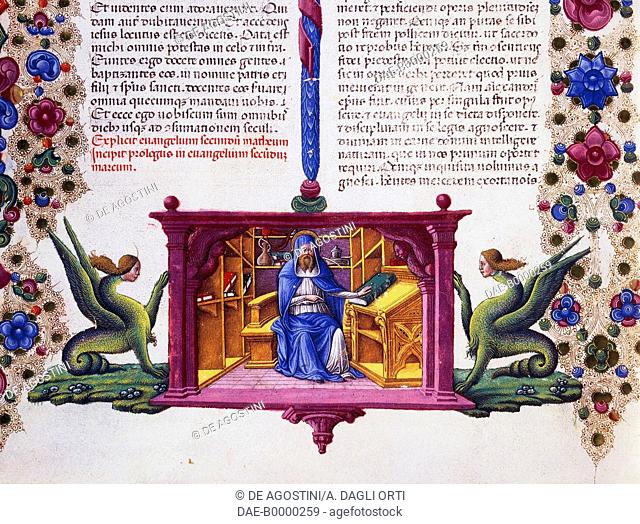 Border frieze at the foot of the page with St. Matthew the Evangelist, Volume II f 148, v, Bible of Borso d'Este, Taddeo Crivelli (1425-1479) and assistants