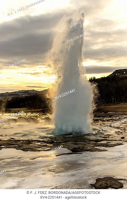Geysir hot spring in winter. Golden Circle Route, Iceland