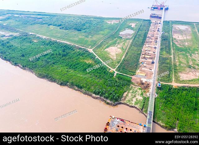 aerial view of bridge construction site on the yangtze river, China