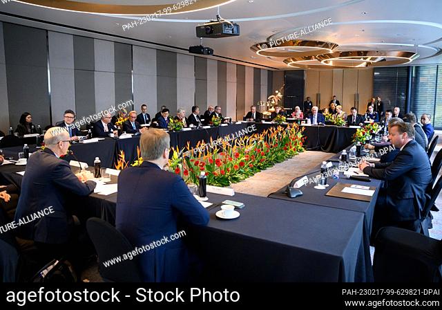 17 February 2023, Malaysia, Kuala Lumpur: German President Frank-Walter Steinmeier takes part in a round table with representatives of the German and Malaysian...
