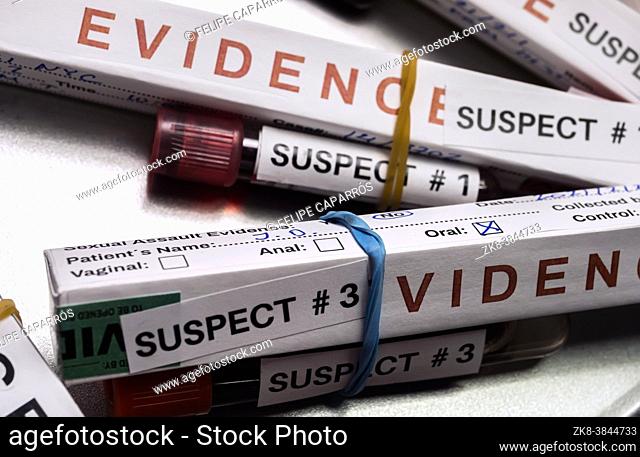 Various analyses of urine, saliva and blood of homicide suspects in crime lab, conceptual image