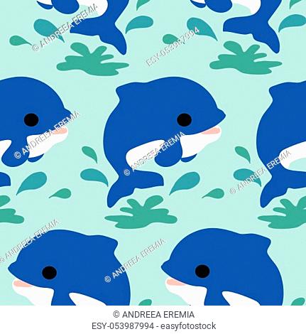 Cute blue dolphines in a seamless pattern design