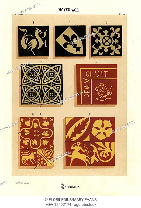 Ceramic tiles with heraldic designs, Middle Ages. Hand-finished chromolithograph from Ris Paquot's General History of Ancient French and Foreign Glazed Pottery