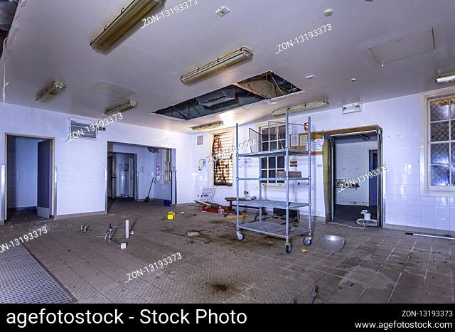 Kitchen area of Peat Island Asylum, the cookers were probably in the centre where the exhaust extractor is. Last date on calendar 10 October 2010 when the last...