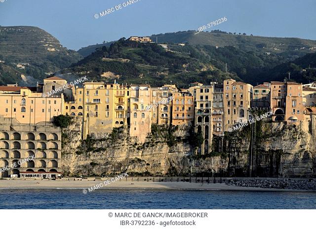 Tropea in the evening light, seen from the sea, Tropea, Calabria, Italy
