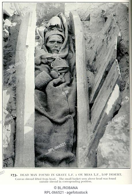 Dead man found in grave, Dead man found in grave. View looking down onto the body, face uncovered, resting between planks