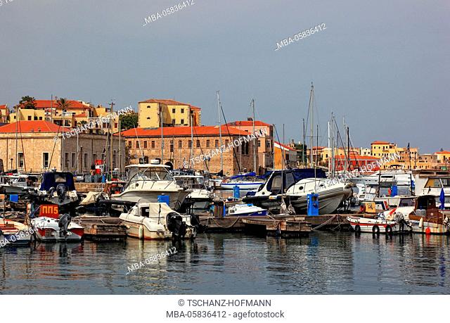 Crete, port Chania, old town and Boats in the Venetian harbour