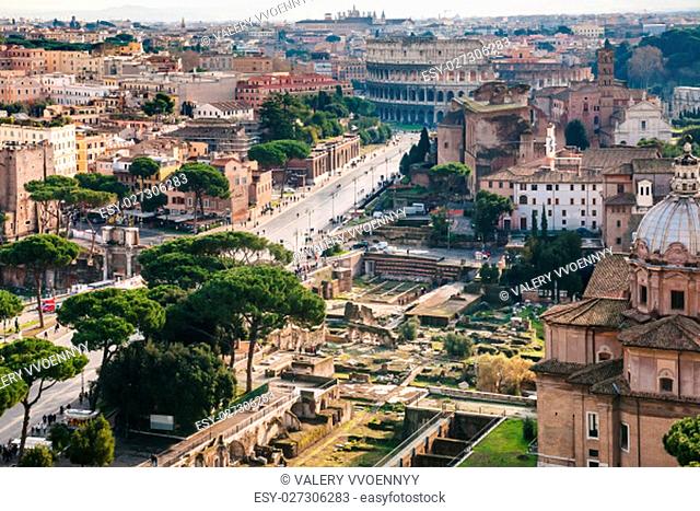 Travel to Italy - above view of roman forum and Colosseum from Capitoline Hill in Rome city in winter