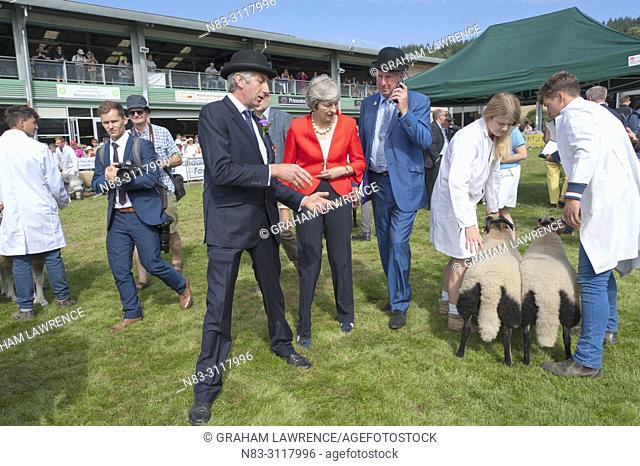 Prime Minister of UK Theresa May visits the 'sheep ring' at the the Royal Welsh Agricultural Show on the 26th July 2018 in Llanelwedd, Powys, Wales, UK