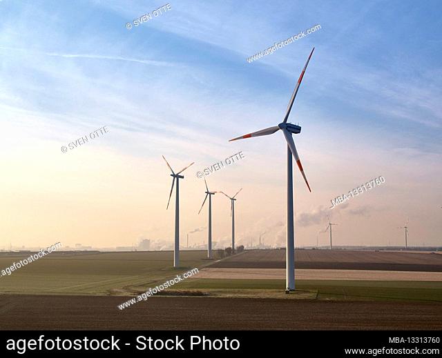 Germany, Lower Saxony, Salzgitter, wind farm, aerial view, in the background steel works of Salzgitter AG