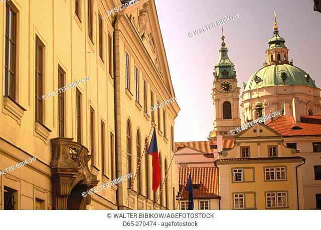 Kostel sv Mikulase (Saint Nicholas Church) and Czech Parliament. Mala Strana. Prague. Central Bohemia. Czech Republic