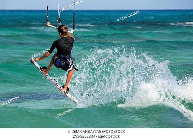 Kite surfer on the beach in the northeastern coast, Corralejo Natural Park, Fuerteventura, Canary Islands, Spain, Europe