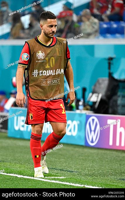 Belgium's Eden Hazard warms up during a soccer game between Russia and Belgium's Red Devils, the first game in the group stage (group B) of the 2020 UEFA...