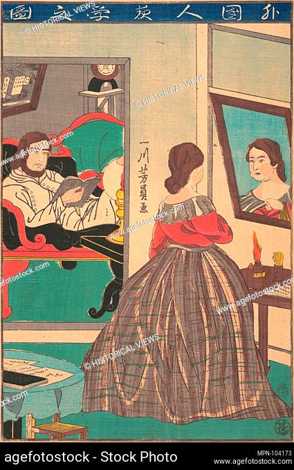 Gaikokujin yoru benkyo no zu/Foreigners Studying at Night. Artist: Utagawa Yoshikazu (Japanese, active ca. 1850-1870); Period: Edo period (1615-1868); Date:...