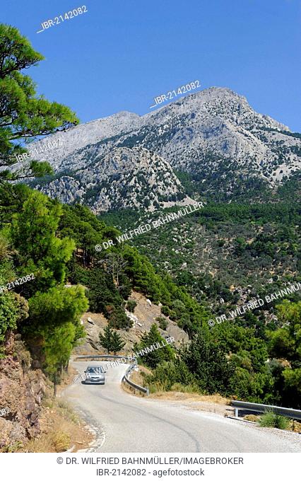 Road on the west coast, with Mount Kerkis, Samos Island, Aegean Sea, southern Sporades islands, Greece, Europe