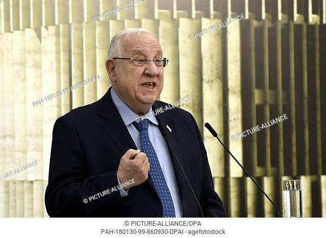Israeli President Reuven Rivlin speaks during a foundation stone-laying ceremony for a Holocaust museum in Thessaloniki on January 30, 2018