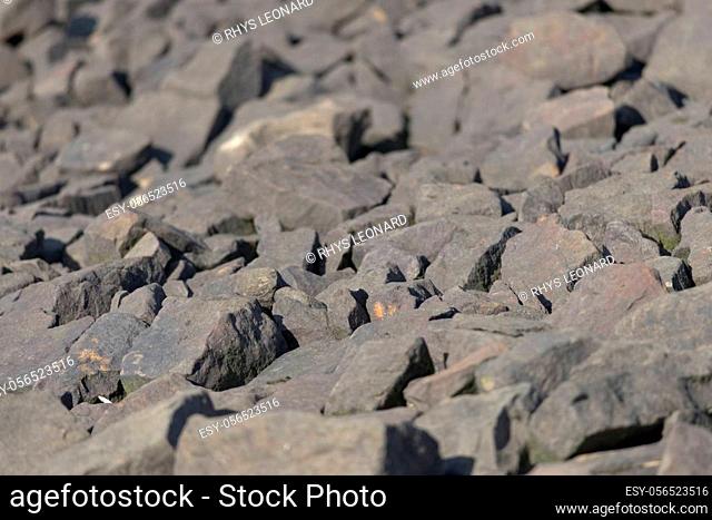 Various sizes of stone boulders from the edge of a reservoir form a full frame image. Warm plain color tones from evening sunlight. Natural outdoors