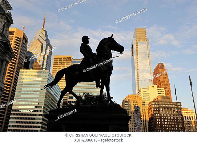 equestrian statue of General George B.McClellan sculptor Henry Jackson Ellicott beside the City Hall on JFK Boulevard, Philadelphia