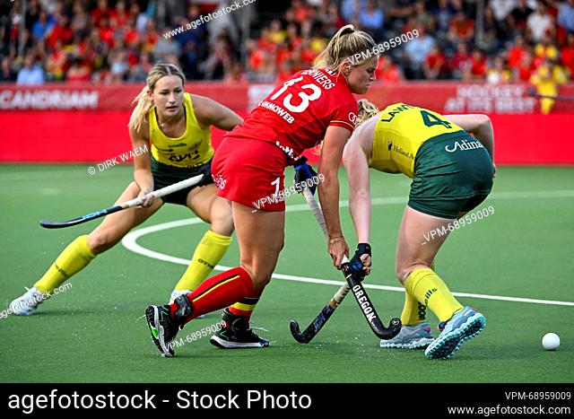 Belgium's Alix Gerniers and Australia's Amy Lawton pictured in action during a game between Belgium's Red Panthers and Australia