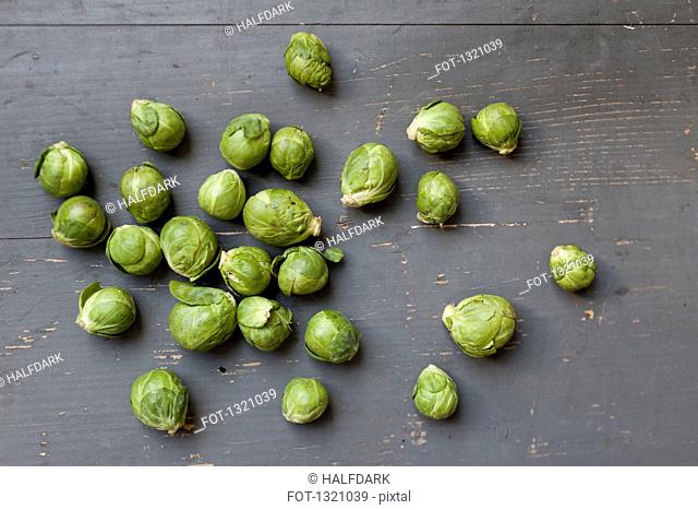 High angle view of Brussel sprouts on table