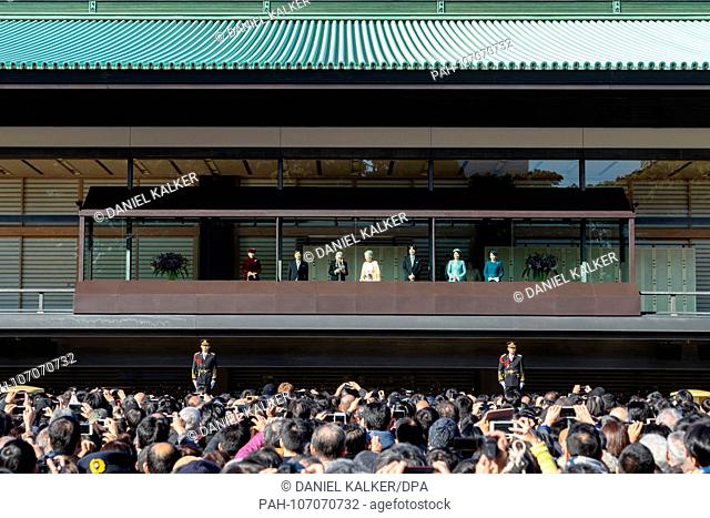 Japan: Last birthday speech of Japan's Emperor Akihito at the Tokyo Imperial Palace. From left: crown princess Masako, crown prince Naruhito, emperor Akihito