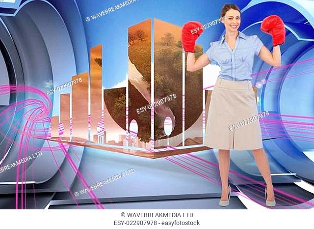 Composite image of buisnesswoman posing with boxing gloves