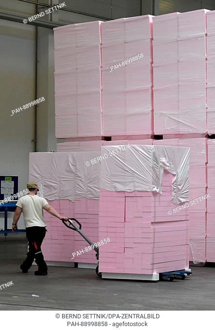 View of the production of insulation sheets on the company grounds of Austrian insulation manufacturer Austrotherm in Wittenberge, Germany, 28 February 2017