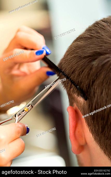 Hairdresser salon. Man during haircut