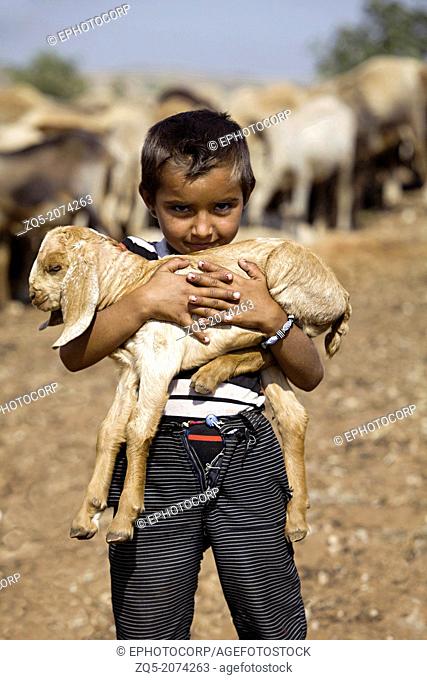 Gadaria boy holding goat cub. Gadaria tribe, Madhya Pradesh, India