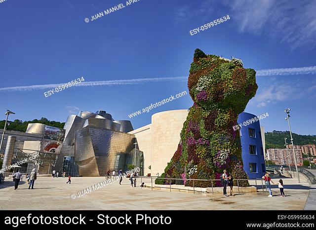View of the ""Puppy"" the famous sculpture by Jeff Koons in the outdoors of the Guggenheim museum, Bilbao, Biscay, Basque Country