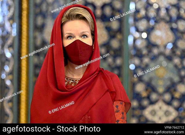 Queen Mathilde of Belgium wears a veil for a visit to the Sultan Qaboos Grand Mosque in Muscat, Oman on Thursday 03 February 2022