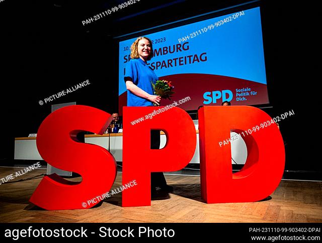 10 November 2023, Hamburg: Laura Frick, lead candidate of the Hamburg SPD for the 2024 European elections, smiles during a state party conference after her...