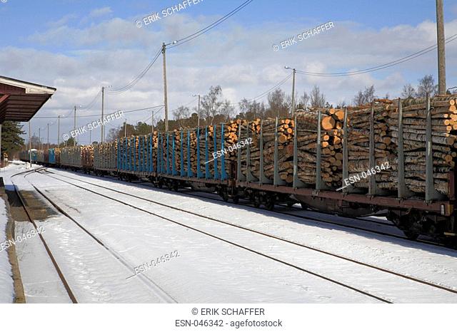 Train load of timber arrives at paper mill - Kaskinen, Ostrobothnia, Pohjanmaa / Ísterbotten Ostrob, Kask÷, Industry, Finland