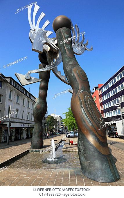 Germany, Oberhausen, Lower Rhine, Ruhr area, Rhineland, North Rhine-Westphalia, NRW, Marktstrasse, sculpture """"Phoenix im Wind"""" by Otto Wesendonck, spring