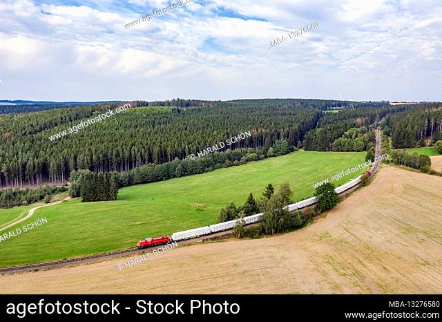 Freight train, fields, forest, branch line, landscape