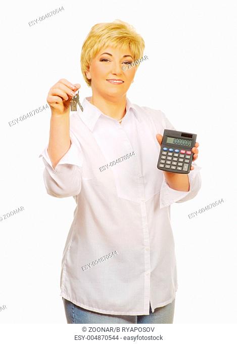 Senior woman with calculator and keys isolated