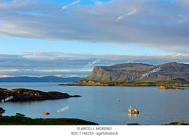 Boats in Loch Scridian, Mull, Inner Hebrides, Argyll and Bute, Scotland, United Kingdom, Europe