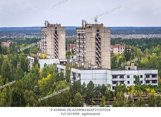 View from the roof of 16-stored block of flats in Pripyat ghost city of Chernobyl Nuclear Power Plant Zone of Alienation in Ukraine