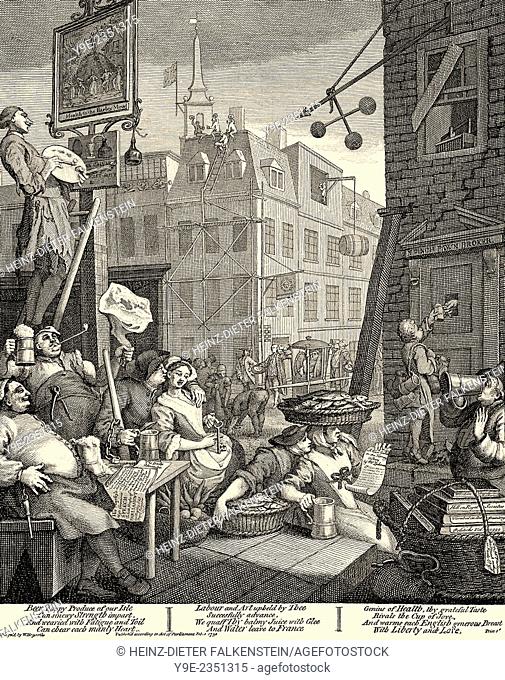 Beer Lane or Liquor Alley, a caricature, symbolic image on alcoholism in the 18th century in England, historic drawing by William Hogarth, 1697 - 1764
