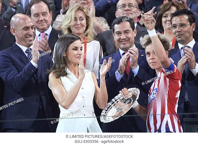 Queen Letizia of Spain delivery the second prize to Amanda (Atletico de Madrid) after winning Spanish Queen's Cup (Copa de la Reina) final match Real Sociedad...