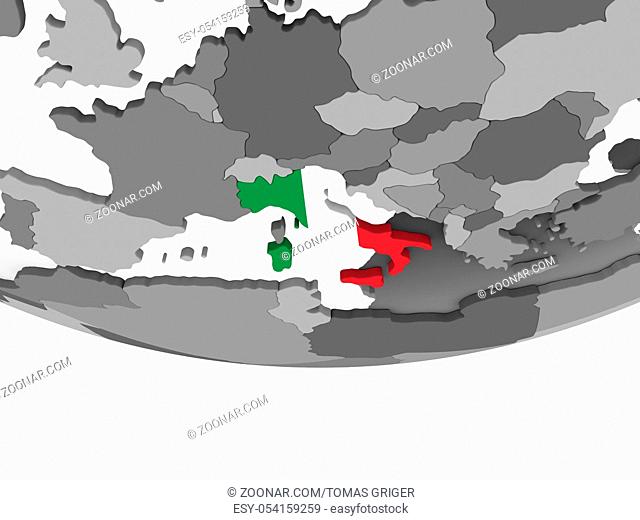 Italy on gray political globe with embedded flag. 3D illustration