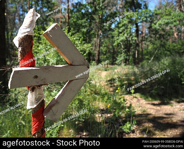 01 June 2020, Brandenburg, Uebigau-Wahrenbrück: Short hiking trail with a simple wooden signpost to the Rothstein Rock in a wooded area in the Brandenburg...
