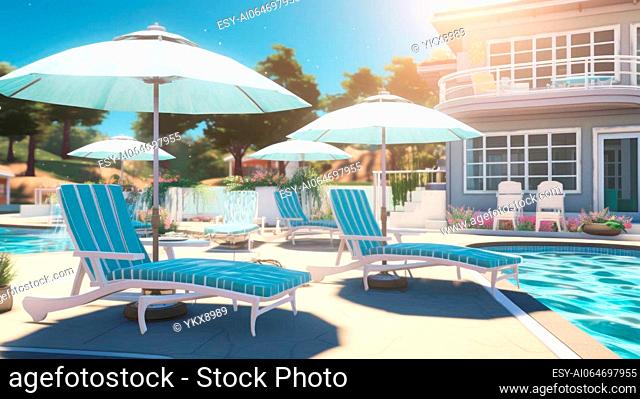 Relaxing scene by the pool with two comfortable lawn chairs