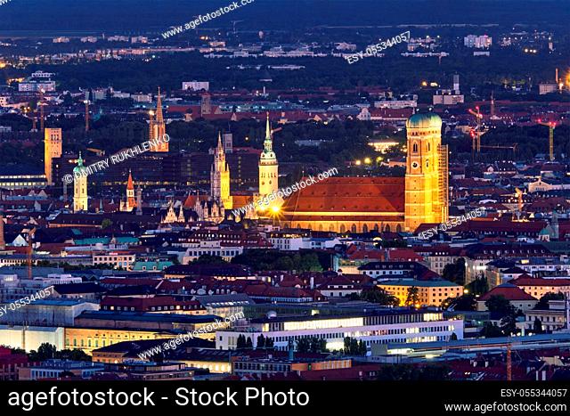Night aerial view of Munich from Olympiaturm (Olympic Tower). Munich, Bavaria, Germany